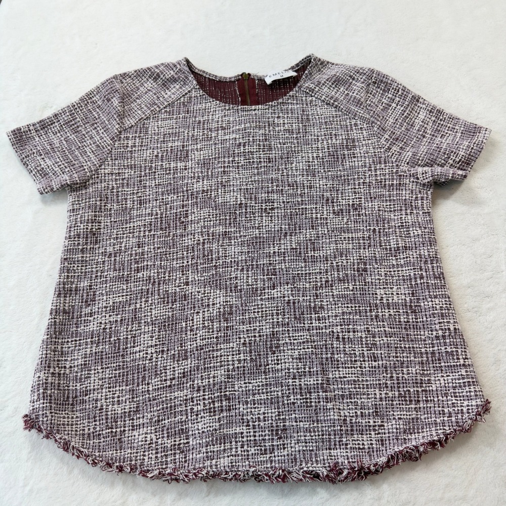 Emelia Tweed Short Sleeve Top Womens Medium Burgundy White Excellent TO1700